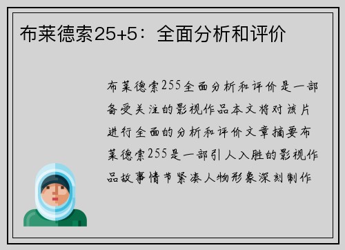 布莱德索25+5：全面分析和评价
